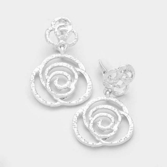 Filigreed Rose Silver Tone Metal Clip on Earrings NWT - Picture 1 of 5